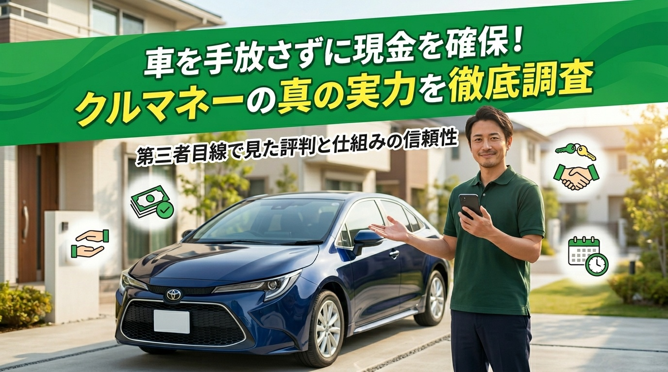 クルマネー評判を示す画像。車を手放さずに現金を手に入れる男性と満足そうな表情のイメージ